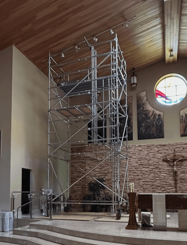 Installed scaffold tower inside a finished building
